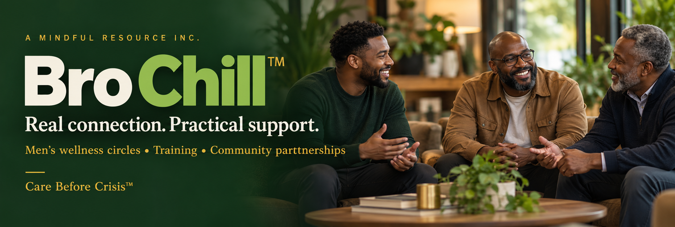 Bro Chill community banner showing three men talking together in a welcoming gathering space