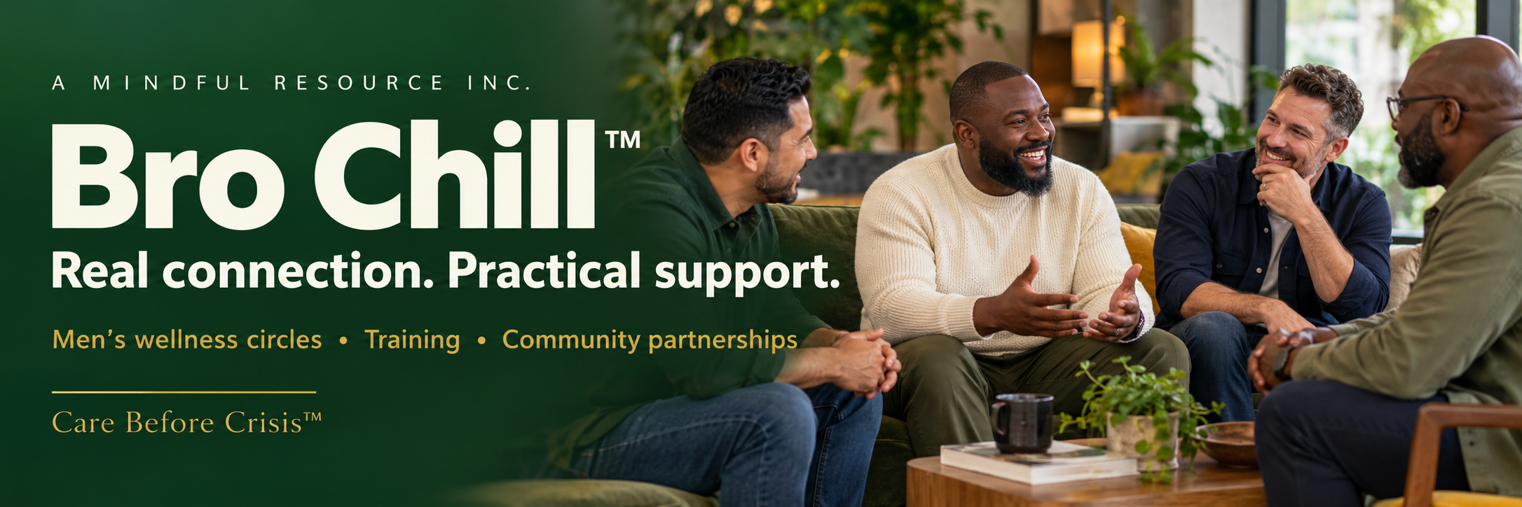 Bro Chill workforce banner showing four men from different backgrounds in conversation