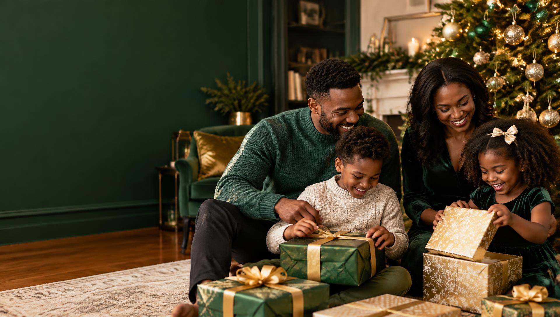 Joyful Black parents and children opening wrapped gifts together beside a green and gold Christmas tree in a warmly lit living room